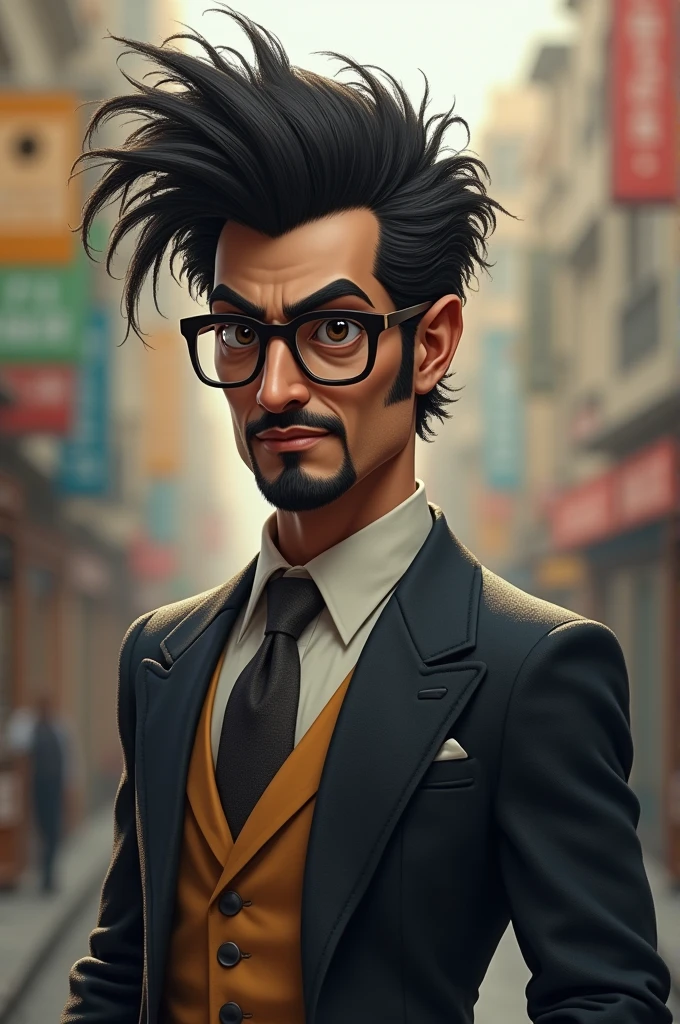 Tall Arab person with glasses with a haircut like Edna Moda or Willie Wonka