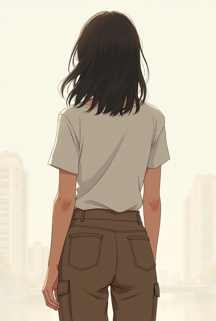 HD girl with medium short straight hair wearing brown cargo pants from behind, with all his body complete 