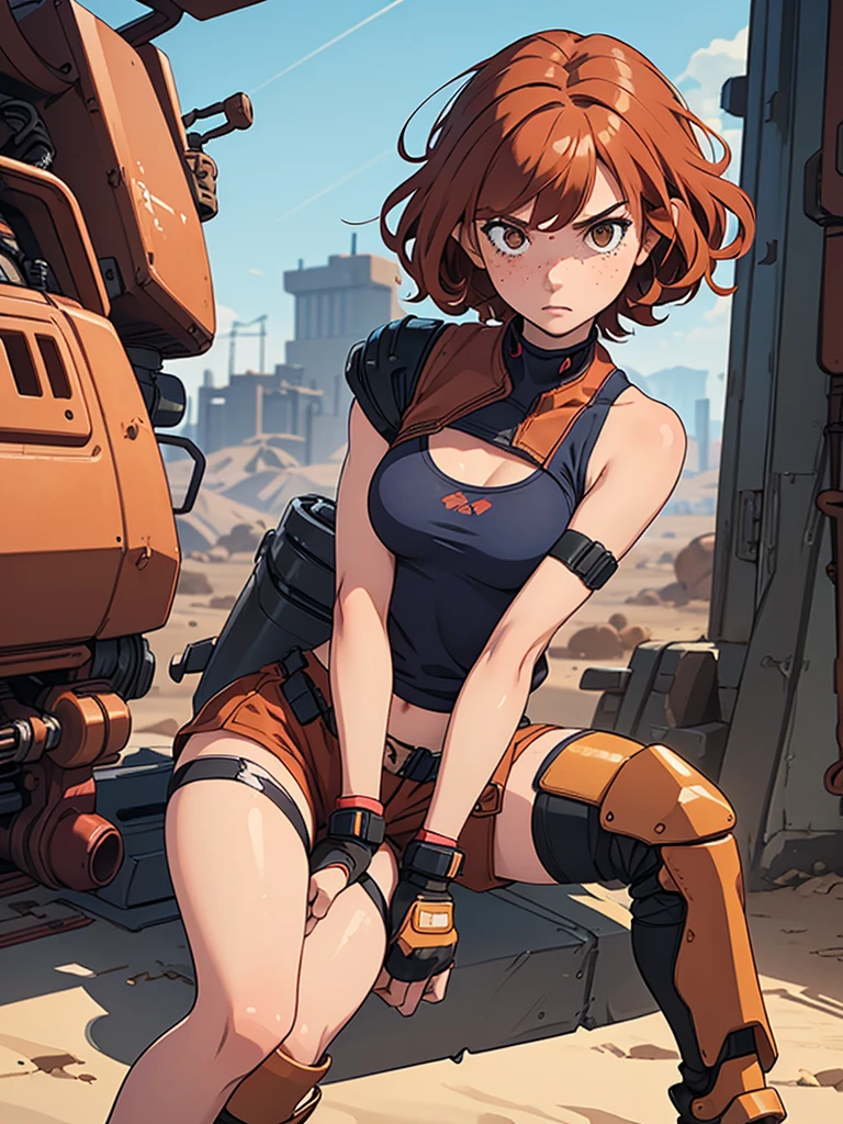 (masterpiece), (best quality), ((one girl)), red copper hair,(brown eyes),short hair, curly hair, anime style, freckles, (small breast), (petite figure), blue tank top, knee pads, legs, (desert background)), cyberpunk jacket, knee guard pads, (almond eyes) , tan skin, fighting fingerless gloves