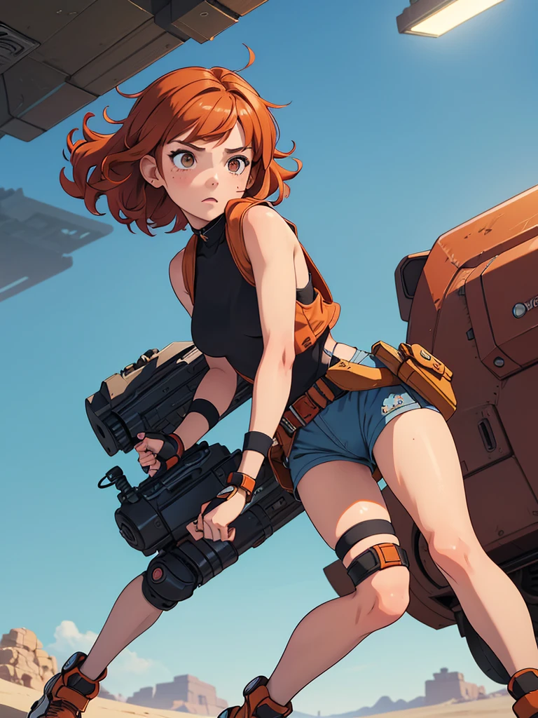 (masterpiece), (best quality), ((one girl)), red copper hair,(brown eyes),short hair, curly hair, anime style, freckles, (small breast), (petite figure), blue tank top, knee pads, legs, (desert background)), cyberpunk jacket, knee guard pads, (almond eyes) , tan skin, fighting fingerless gloves