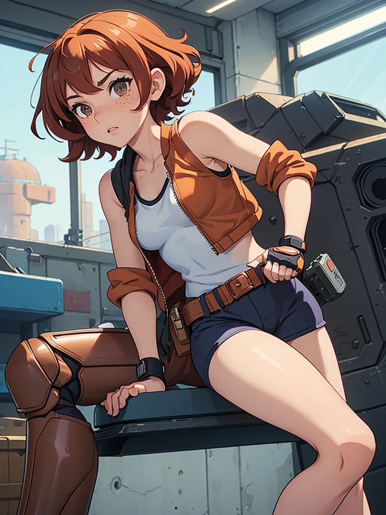 (masterpiece), (best quality), ((one girl)), red copper hair,(brown eyes),short hair, curly hair, anime style, freckles, (small breast), (petite figure), blue tank top, knee pads, legs, (desert background)), cyberpunk jacket, knee guard pads, (almond eyes) , tan skin, fighting fingerless gloves