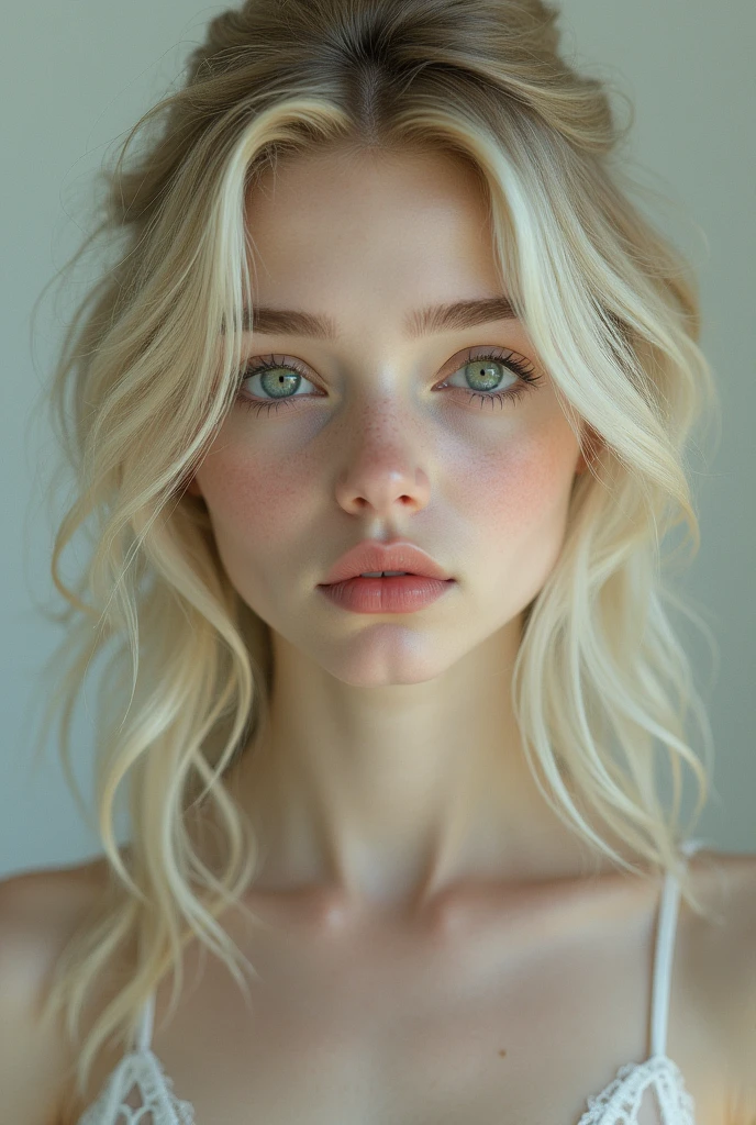 Young blonde with white hair and green eyes without lingerie