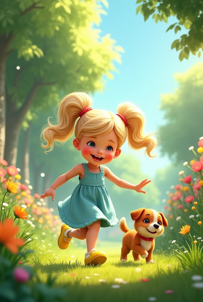 "The girl with long wavy light blonde hair in two high ponytails, wearing her light blue dress and yellow shoes, running playfully through the garden, laughing as she chases a small, friendly puppy. https://www.seaart.ai/explore/detail/cr5okdle878c73de7n90