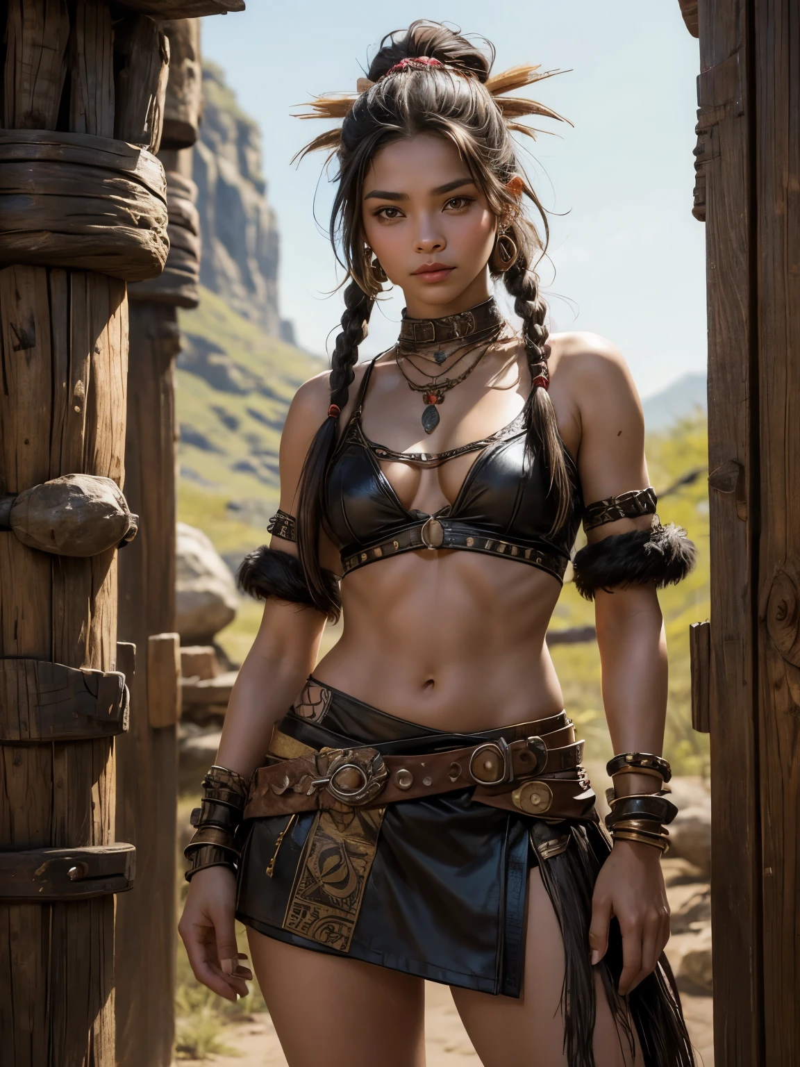 Style: "Prehistoric fantasy setting with a focus on authentic primitive clothing and accessories, reflecting the materials and craftsmanship of early human cultures."
Maya is a beautiful prehistoric woman of the Mongoloid race.
Face: Rounded, with soft features. Almond-shaped brown eyes, short and straight nose. Lips of medium thickness, natural pink color. The hair is black, straight, long, braided into one thick braid. The skin is light olive.
Body: Medium height, slender and flexible, slightly muscular figure. The breasts are small, the stomach is tight, the hips are round, the legs are strong and flexible.
Tattoo: A primitive pattern of wavy lines running from the right collarbone to the middle of the chest. Three black dots near the outer corner of the left eye.
Clothing:
A short skirt made of leather, decorated with small pieces of fur.
Leather top that covers the chest but exposes the stomach, decorated with wooden and bone beads.
Lifestyle and Personality: Maya lives on the cold steppes, where she hunts game and gathers edible plants. She is quick, agile and wise, with a great knowledge of natural medicines. Her personality is calm and thoughtful, she is devoted to her tribe and is always looking for ways to improve their survival.