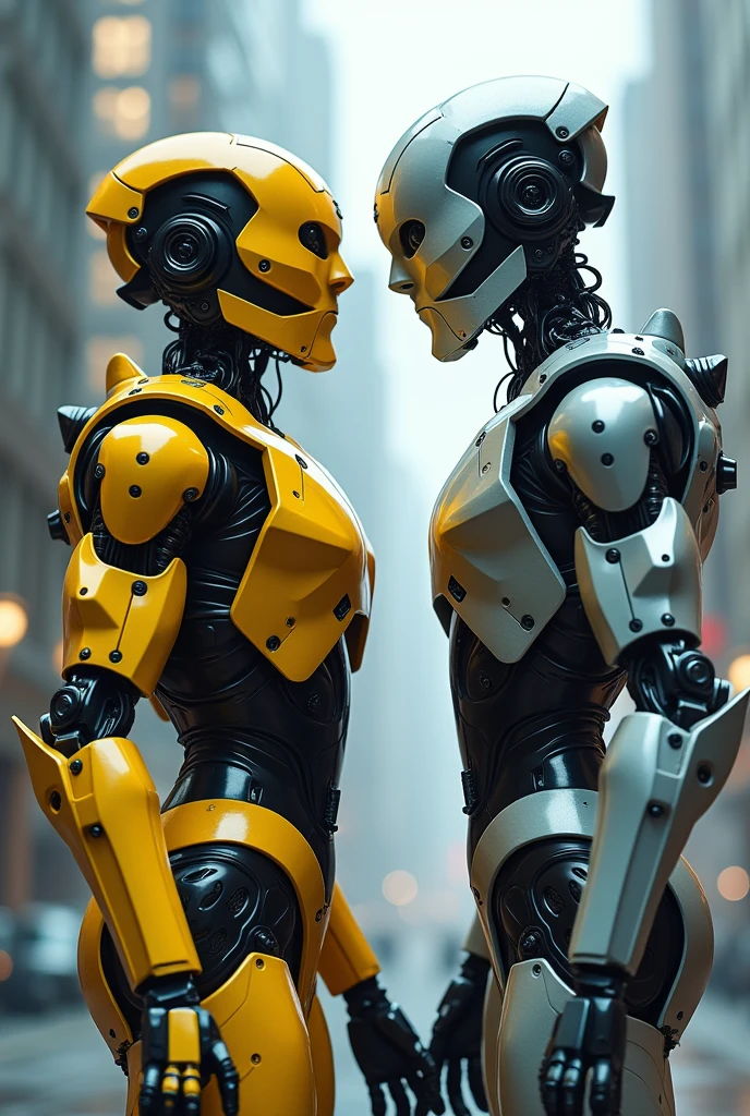 Two humanoid robos, with human anatomy but still perceptibly robotic, one representing Brazil and the other the USA, disputing world hegemony