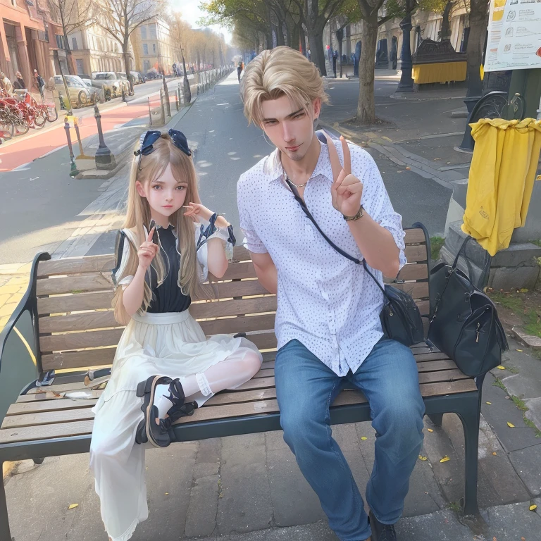 there is a man and a woman Sitting on a bench, with a child, Sitting on a bench, by Alexandre Kotsis, couple Viktor Oliva, 8k)), couple Maksimilian Vanka, holiday photo, very consistent image, sitting on a bench de parc, sitting on a bench, give the middle finger, par Hristofor Jefarovitch