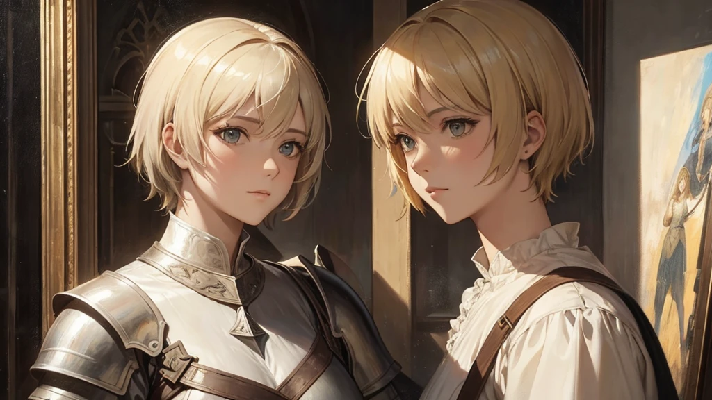Jeanne d'Arc, yellow short hair, oil painting look, upper body
