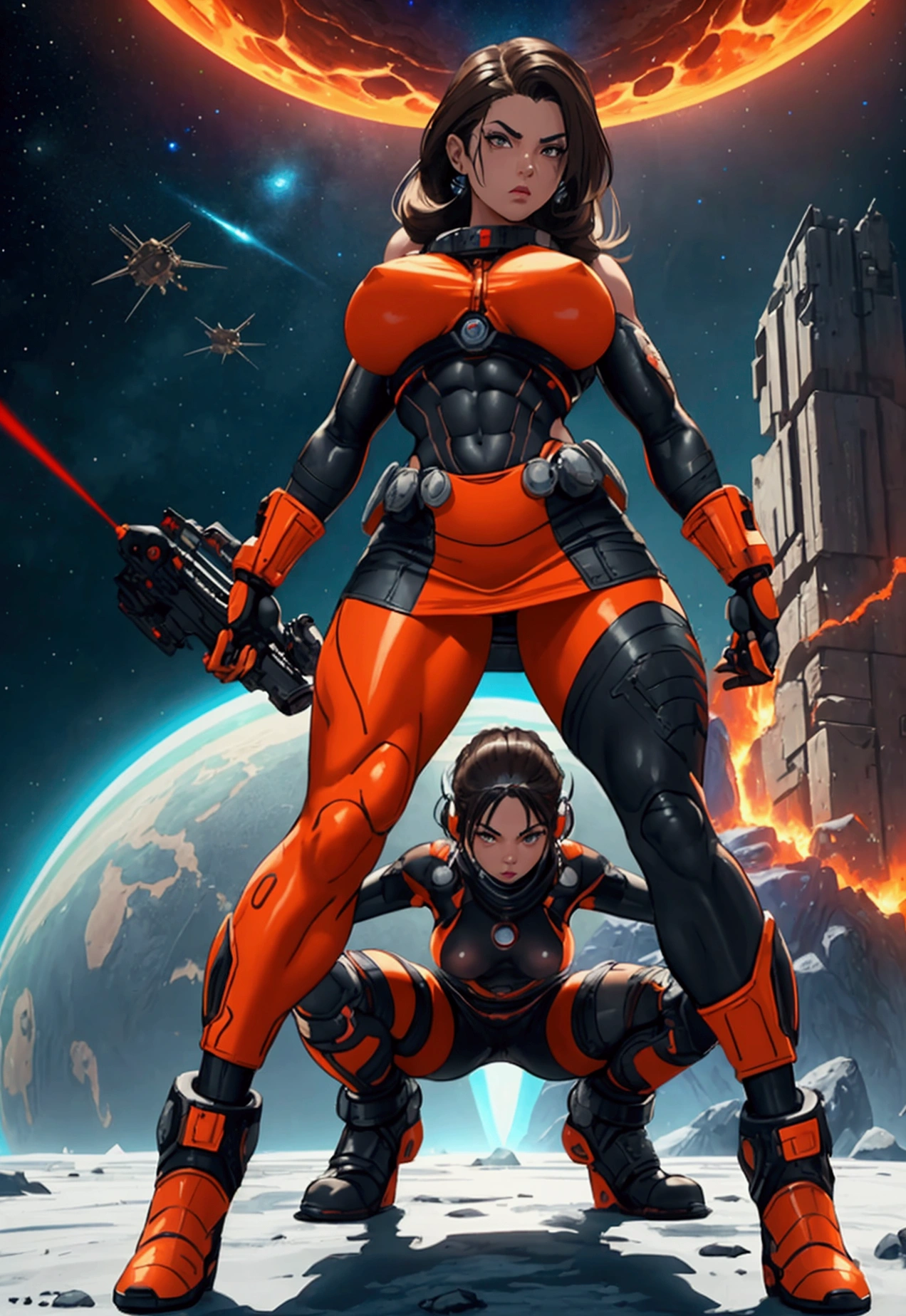 all people holding huge futuristic laser rifles in an action dynamic pose, ((Full body)), photo quality, vibrant colors, two 2womans, wearing sexy red/bluecamouflage micro mini skirt, orange mini space suite, huge breast, in a cold ice PLANET with volcanoes erupting lava and fire, nex to afuturistic modern tank, red cyberpunk futuristic army type boots with gross sole, loba andrade from apex legends, muscular body, lean muscles, body fitness, muscular legs, figthing pose, fitness build body type, huge angry face, oversized_hindquarters, amazin micro mini skirt, short, next to space ship, incredible quality, blonde, black hair, brown hair, muscular gigachad benediction, julia fuentes, wow!, high detail, high contrast, strong shade, real face shadows, unreal engine 5, blender rendering, 32k, real shade, perfect and proportioned body, working the smallest detail, provide the human figure, perfect bodys, perfect dimensions, all people on the same floor level, brigth colors
