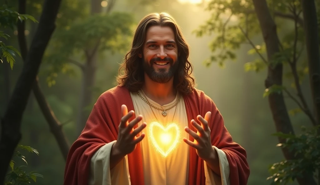 Ultra realistic Christ smiling with loving face with hands in blessing gesture to the viewer. his heart is ultra radiant, loving, shining eyes to the viewer, of light to convey depth and forest background