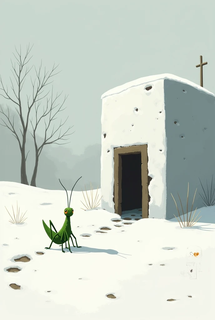 Grasshoper outside the ant house in winter