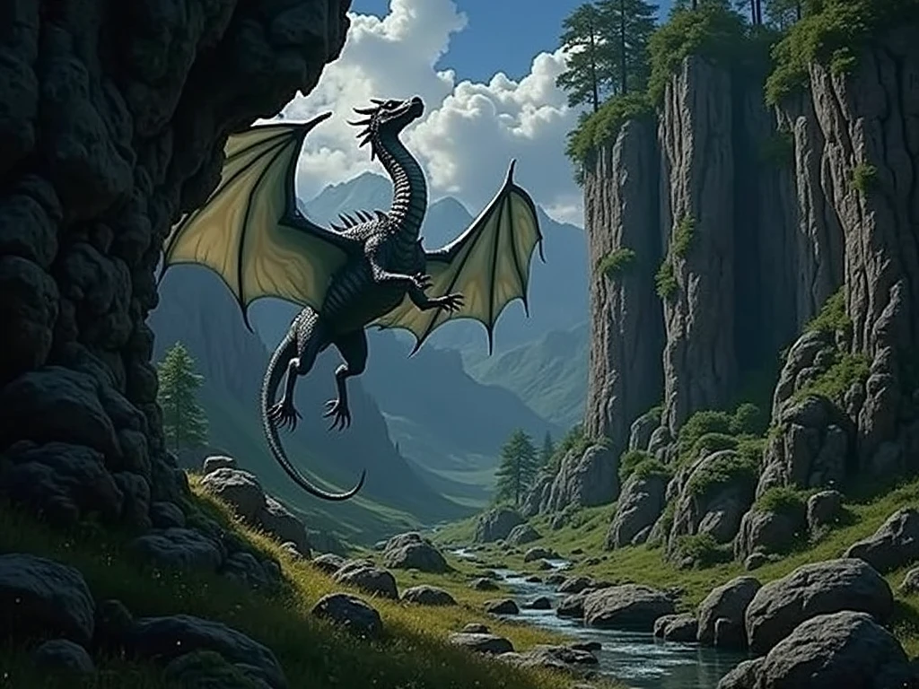 Young unclothed brown-haired white woman with small breasts straddling a large, spiked white DRAGON, where the two are inside a small waterfall with crystal blue waters surrounding a green, low density forest with DRAGON is big and angry the waterfall has few stones