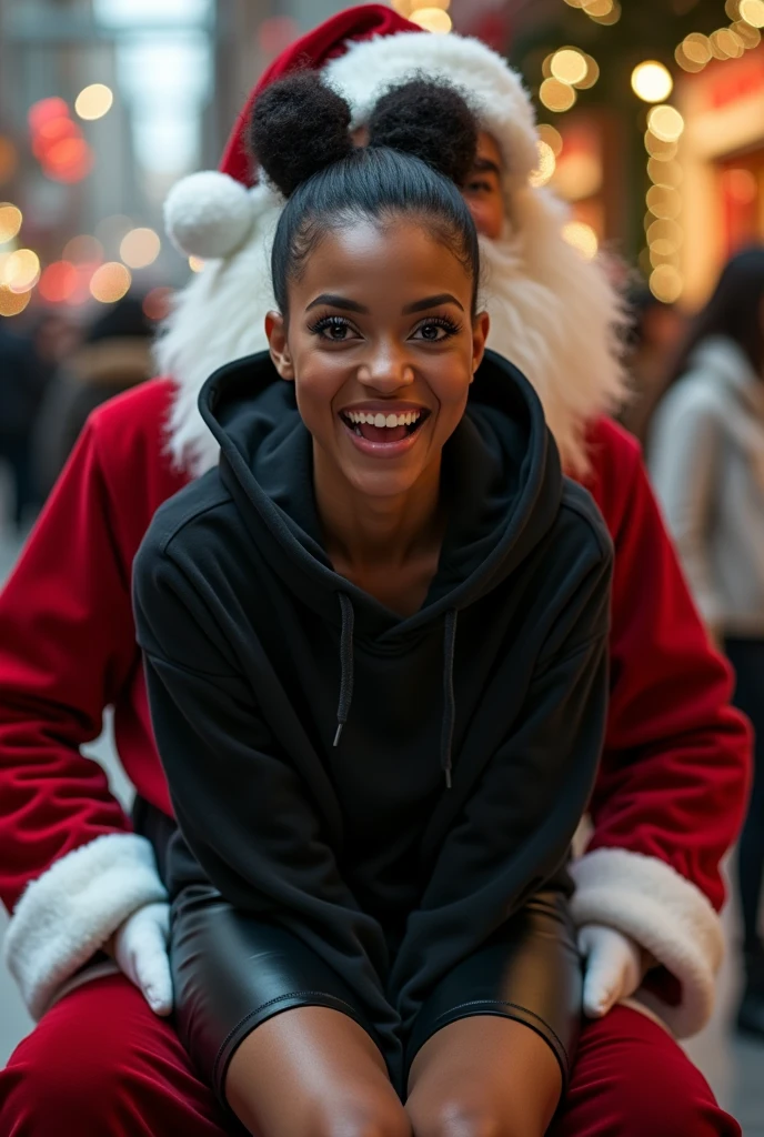 Black woman wearing leather short shorts and black hoodie hair in a bun setting on santas lap in the mall. The look on her face is eyes wide open and excited side view