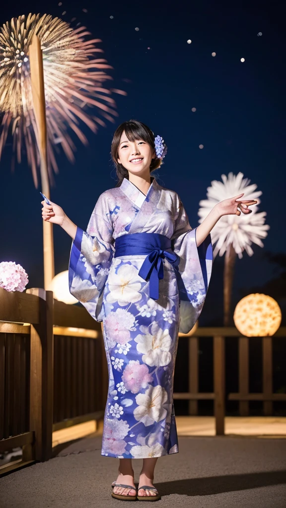 A full-body photo of a Japanese woman wearing a hydrangea-patterned yukata and looking up at the night sky with a smile。The face is tilted 45 degrees upwards。Photographed from the front。10mShooting from a distance。Have a fan。Fireworks in the night sky background。