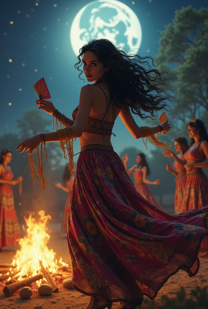 A black-haired gypsy woman dancing with a fan in her hand around a bonfire under a full moon with other gypsies in the background