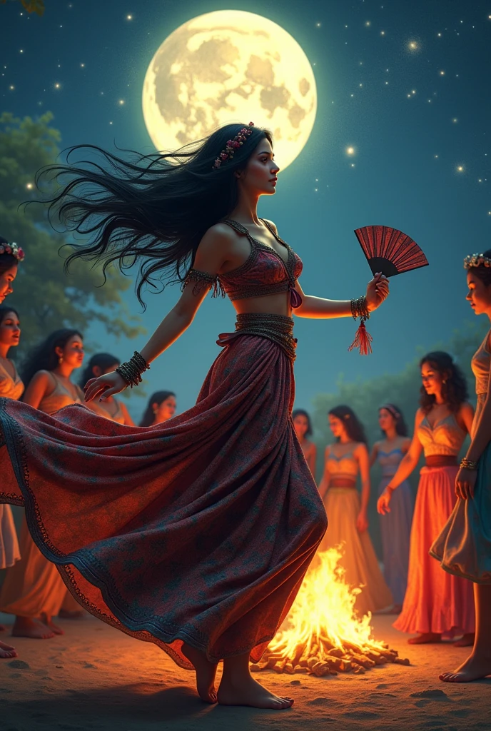 A black-haired gypsy woman dancing with a fan in her hand around a bonfire under a full moon with other gypsies in the background