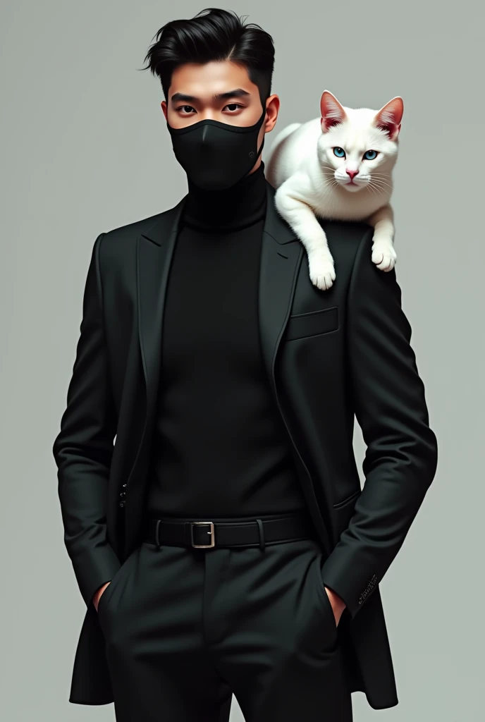 A young Peruvian man dressed in black with a face mask holding a white cat on his right shoulder.. The cat is white and its cat eyes are light blue...