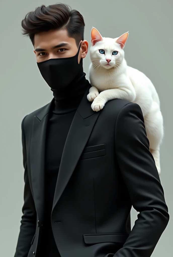 A young Peruvian man dressed in black with a face mask holding a white cat on his right shoulder.. The cat is white and its cat eyes are light blue... 

