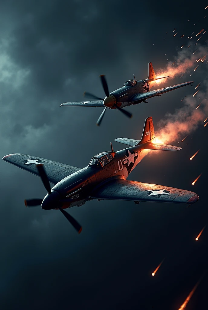 Night Combat in the Skies: World War II fighter planes fighting at night, with machine gun bursts lighting up the dark sky. A P-51 Mustang and a Messerschmitt fight a deadly duel between the stars.
"hyper realistic"