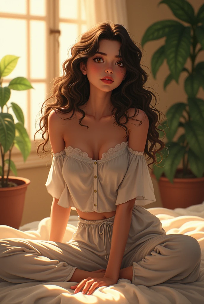(Anime:1.2), beautiful woman, sitting on bed, wearing loose off-shoulder top, pajama pants, long curly hair, indoors, soft lighting, plants in background, window with sunlight, cozy room, relaxed pose, anime, intricate details, warm colors, by Greg Rutkowski, by Alphonse Mucha