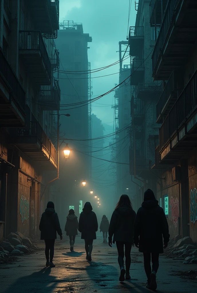 Dark nighttime images of old buildings, with electronic music or something more intense in the background. The camera can follow a group of students going to a secret location. As realistic and detailed as possible