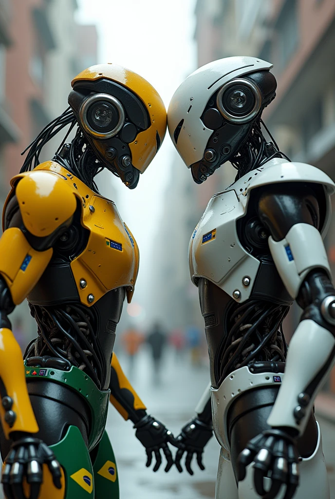 Two humanoid robos, with human anatomy but still perceptibly robotic, one representing Brazil and the other the USA, disputing world hegemony