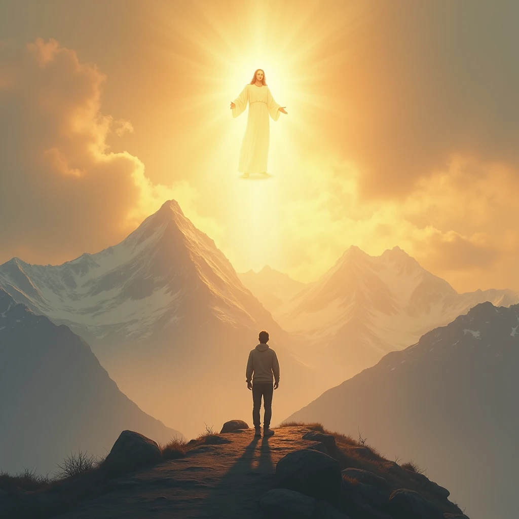 Depict a serene mountaintop at sunrise, with a solitary figure gazing into the golden light. Above them, a faint image of Jesus, glowing with divine radiance, can be seen in the sky, representing faith in what is unseen yet believed.