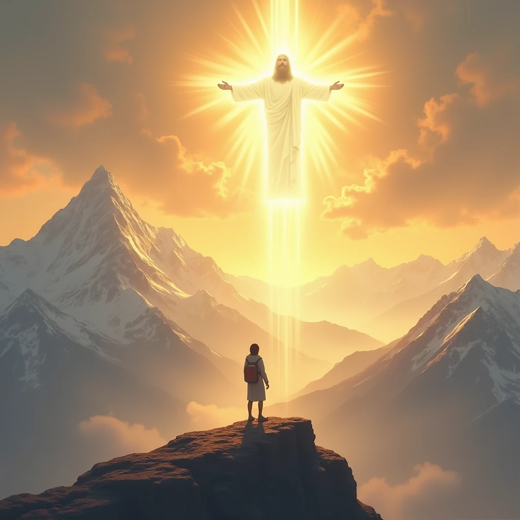 Depict a serene mountaintop at sunrise, with a solitary figure gazing into the golden light. Above them, a faint image of Jesus, glowing with divine radiance, can be seen in the sky, representing faith in what is unseen yet believed.