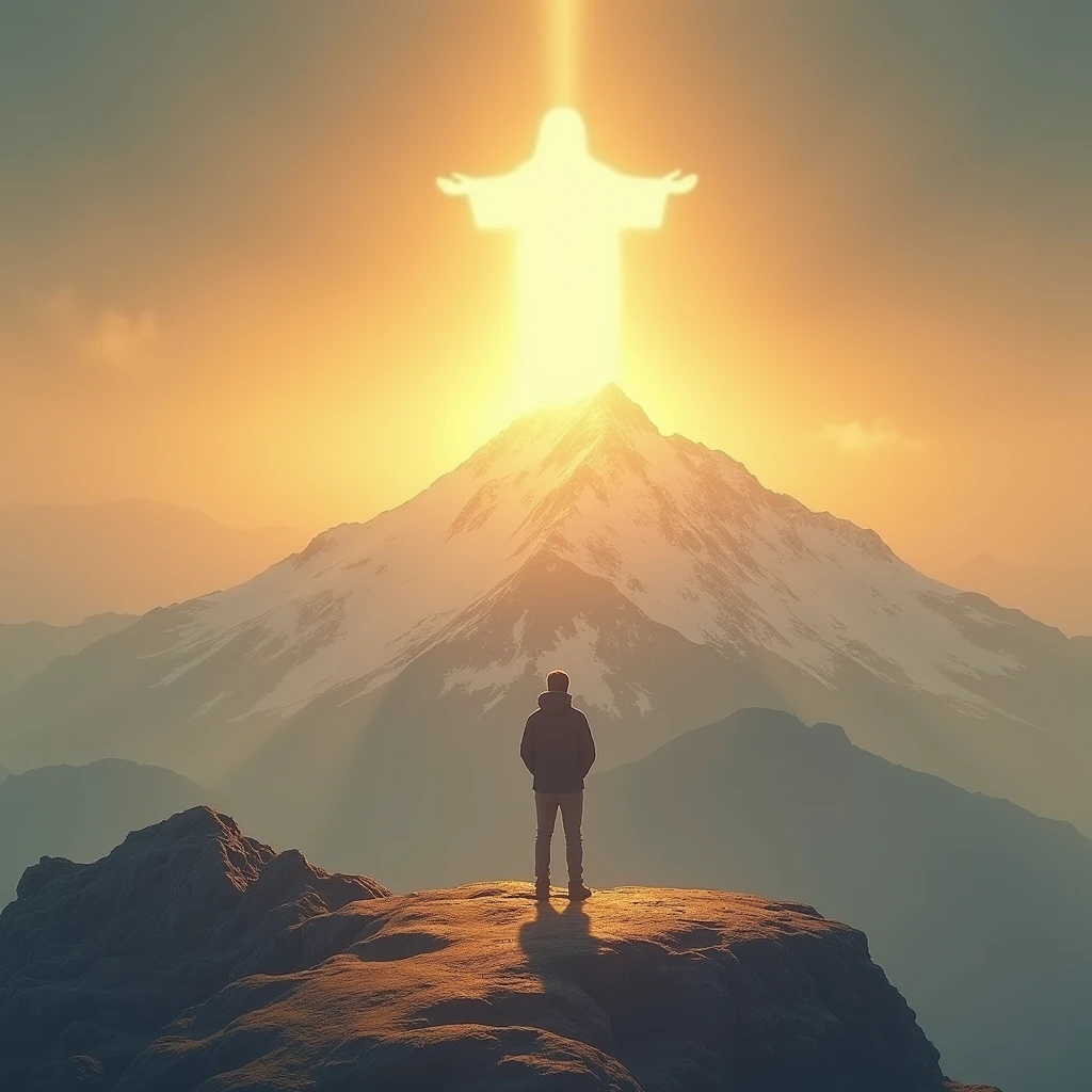 Depict a serene mountaintop at sunrise, with a solitary figure gazing into the golden light. Above them, a faint image of Jesus, glowing with divine radiance, can be seen in the sky, representing faith in what is unseen yet believed.
