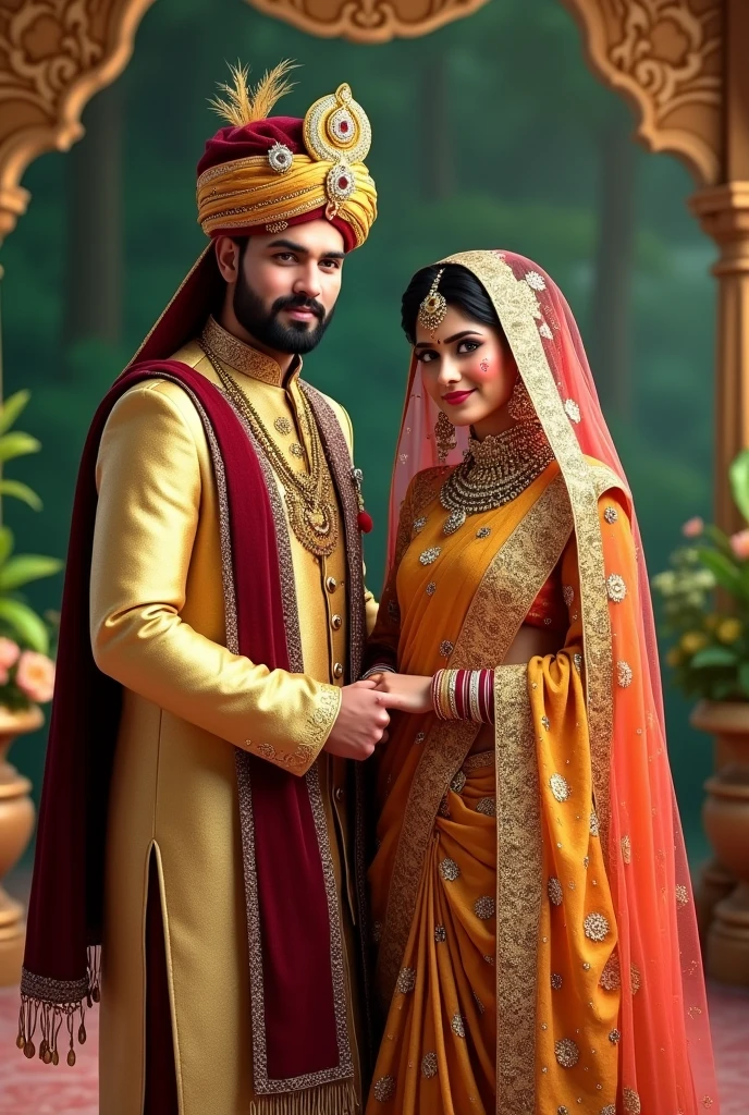 Bride in golden sharee with golden hijab and maroon veil. groom in golden kurta withmaroon eaist coat.