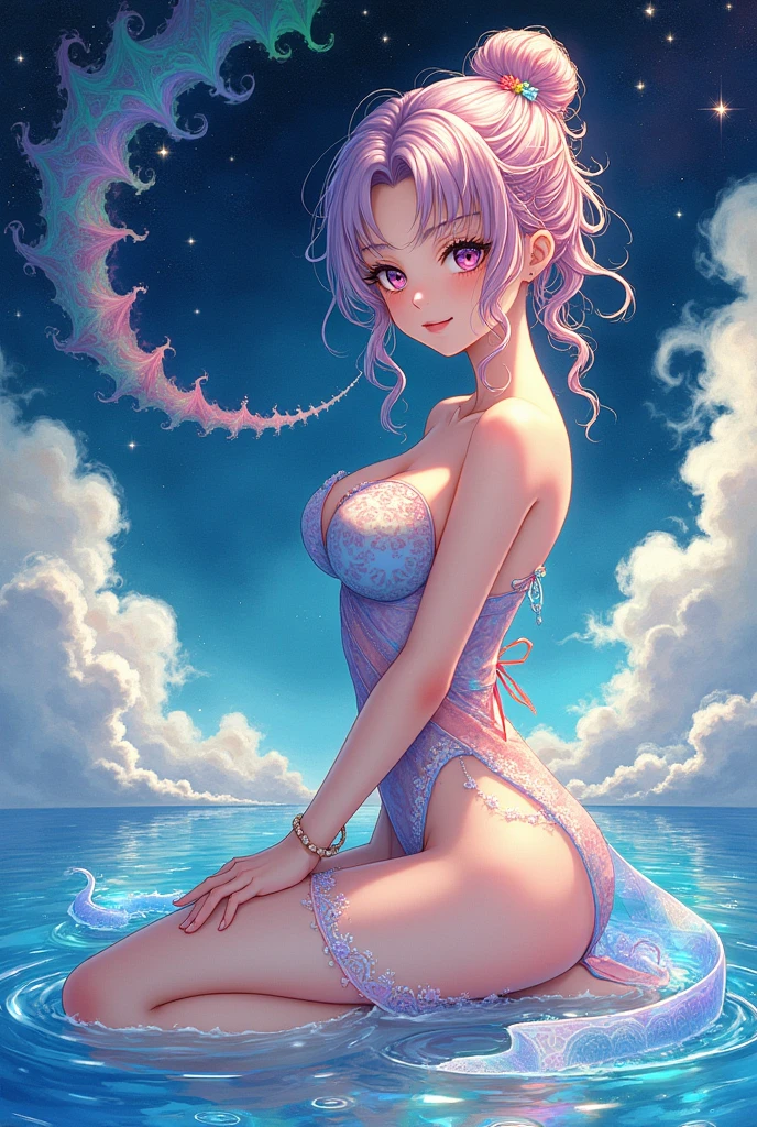 （masterpiece，quality，best quality，Japanese girls，eyes are beautiful，Exquisite facial features，water彩（curly），Official Art，Beauty and aesthetics：1.2），（1 big breasted girl：1.3），（Fractal Art：1.3），Curtsy \(Manaka et al.\)，Big breasts and thin waist，thigh，View from the side，Looking at the audience，Patterned，（Rainbow Hair，hair color，Half blue, half pink hair：1.2），water，liquid，cloud，rich and colorful，Starry Sky，Star，