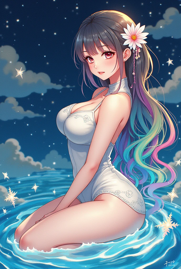 (masterpiece,quality,best quality,Japanese girls,eyes are beautiful,Exquisite facial features,water彩(curly),Official Art,Beauty and aesthetics:1.2),(1 big breasted girl:1.3),(Fractal Art:1.3),Curtsy \(Manaka et al.\),Big breasts and thin waist,thigh,View from the side,Looking at the audience,Patterned,(Rainbow Hair,hair color,Half blue, half pink hair:1.2),water,liquid,cloud,rich and colorful,Starry Sky,Star,