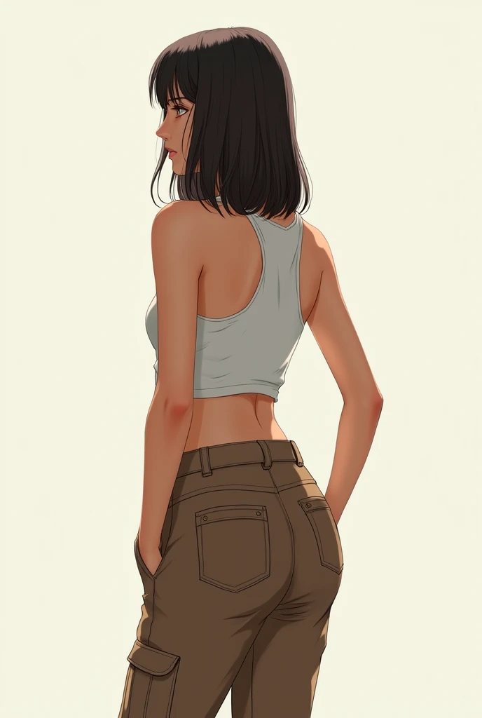 HD girl with medium short straight hair wearing brown cargo pants from behind, with all his body complete 