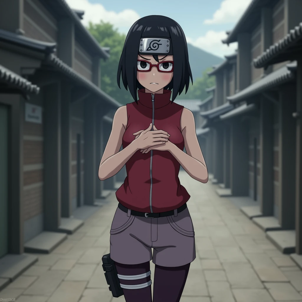 anime screencap,
1girl,solo,black hair,short hair, black eyes,skinny,cowboy shot, standing, forehead protector, smirk,(dress:1.1),(white shorts:0.8), black thighhighs, thigh holster, arm warmers, bare shoulders, looking at viewer, outdoors,pelvic,red-framed eyewear, glasses,arms behind back, head tilt, pelvic curtain, facing viewer, hands on hips, zipper, shiny hair, (large breasts), cleavage