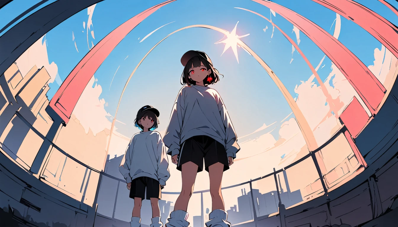 (high quality, 8k, 4K, High Contrast, masterpiece:1.2, 最high quality, Best aesthetics), ((1 female)),Standing with your back to me, (Background of blue sky and road along the sea)), ((Flat Color)), (Grey sweatshirt), ((Black shorts)),(white super loose socks), Looking at the audience, Transparent Background, (Staring at me), Sleepy eyes, High Contrast, Contrasting colors, , ((very short hair)) , Black Hair, Red eyes,, Small star-shaped earrings in both ears, bright eyeshadow,((low angle wide shot)), Black baseball cap,Lime green sneakers