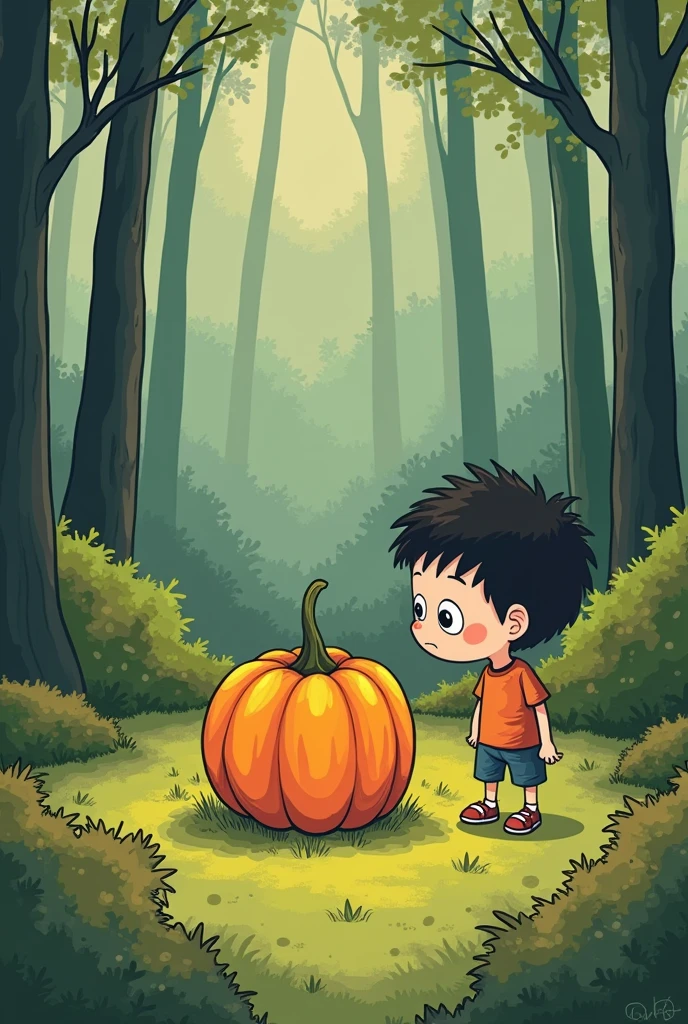 I need a picture, no painting style, more drawn and less realistic than a book cover, with the title The History of Coca, in which it contains a boy finding a pumpkin in the middle of the woods. The image should contain few elements, only the bush, oea pumpkin