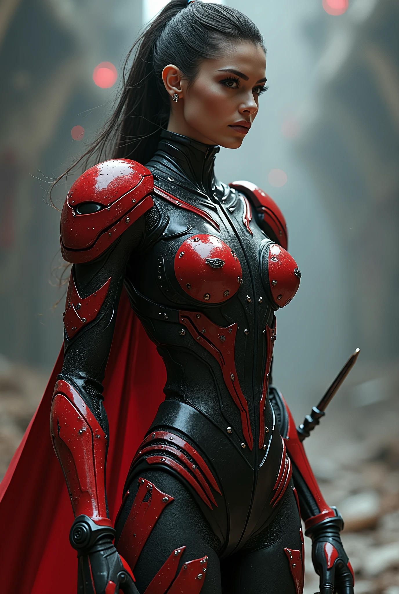 beautiful woman in female bio organic bio mechanical armor red and black base body, limbs with a large whip on it's right arm