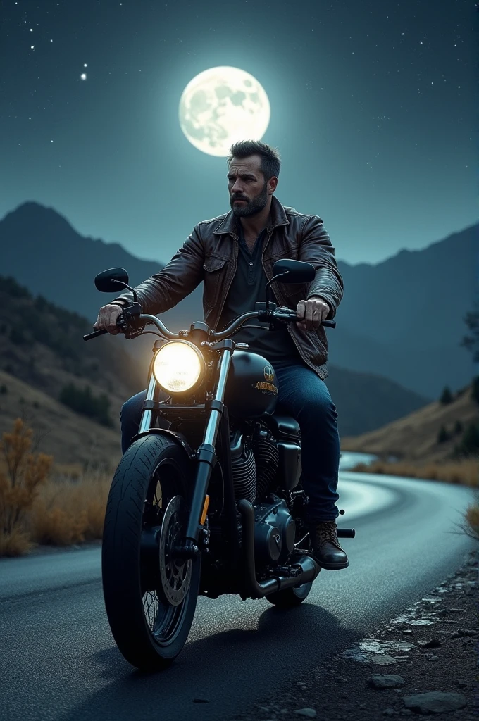 Create an image of a man riding a custom motorcycle on a full moon night