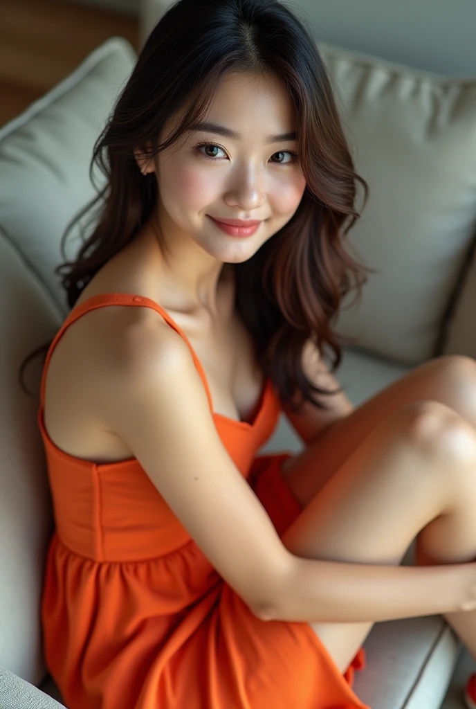 Realistic photo, 1 Japanese woman, olhos azuis claros, sorrindo, vestida com vestido de marinheira laranja marinho com sandalhas vermelhas , sentada no sofa with your legs spread, Detailed face and body, Natural light, High resolution, photoRealistic, (Highest quality,8k,High resolution,masterpiece:1.2),Very detailed,(Realistic,photoRealistic,photo-Realistic:1.37),Realistic skin texture,blue clear eyes, Fine eyes and lips,Beautifully detailed face,Long eyelashes,Smooth Skin,Natural body shape