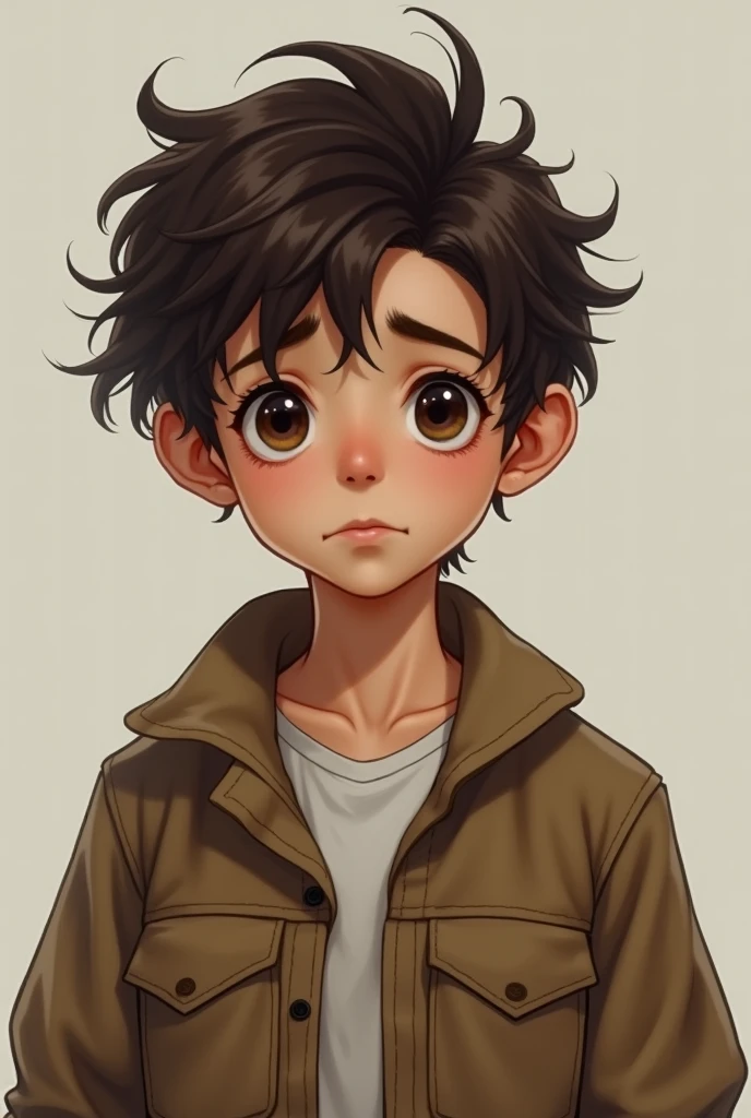 Character design sheet - androgynous boy with brown tousled hair, caramel skin and dark brown eyes, girlish features of a beautiful face, dressed in a brown canvas jacket, not anime