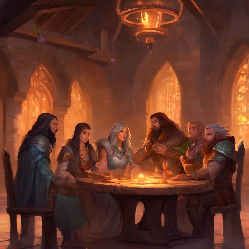 A group of characters from the world of Dungeons and Dragons. The four of them are sitting at a table in a medieval bar.