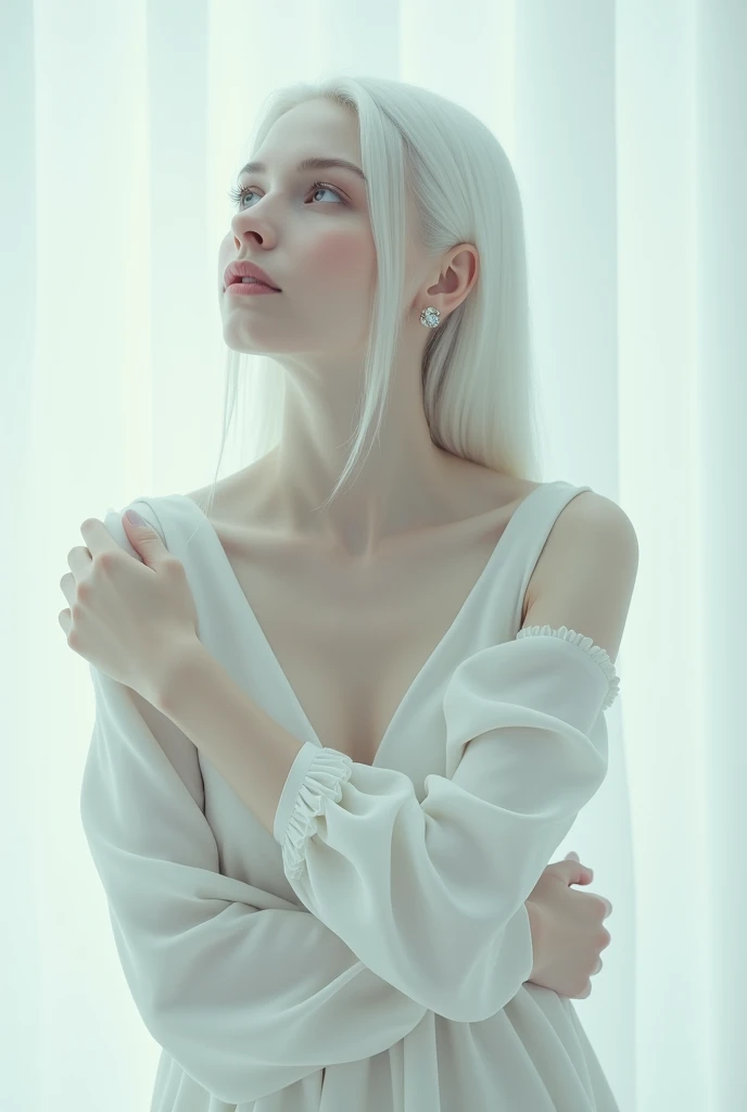 | A woman with long, straight white hair slicked back,| I want her without eyebrows in a very alternative setting,wearing a white silk dress,She gives a pose like She is hugging herself,| She will look up and a diamond tear will fall from her eyes,| I want the pearl white background,| I want her to be beautiful and for the image to convey an air of melancholy.