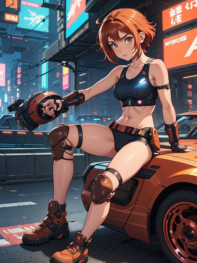 (masterpiece), (best quality), ((one girl)), red copper hair,(brown eyes),short hair, curly hair, anime style, freckles, (small breast), (petite figure), blue tank top, knee pads, legs, (desert background)), ((cyberpunk)),knee guard pads, (almond eyes) , tan skin, fighting fingerless gloves