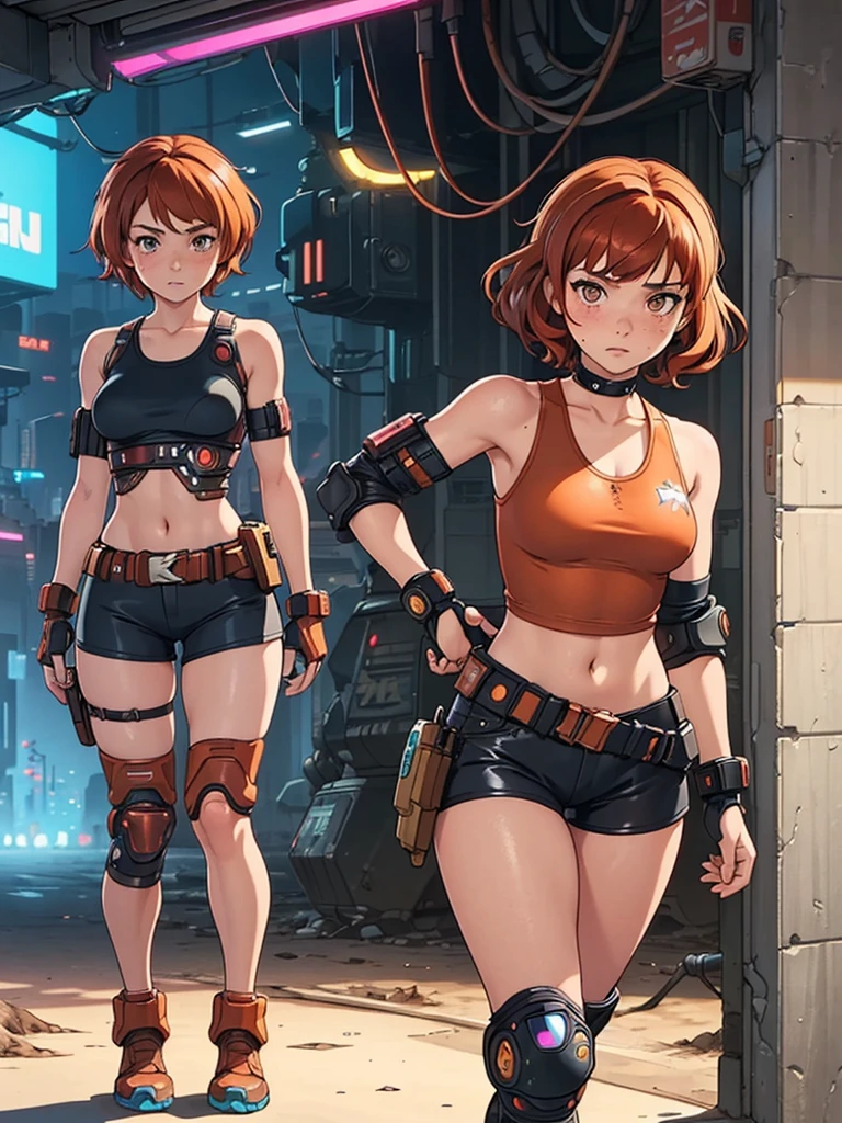 (masterpiece), (best quality), ((one girl)), red copper hair,(brown eyes),short hair, curly hair, anime style, freckles, (small breast), (petite figure), blue tank top, knee pads, legs, (desert background)), ((cyberpunk)),knee guard pads, (almond eyes) , tan skin, fighting fingerless gloves