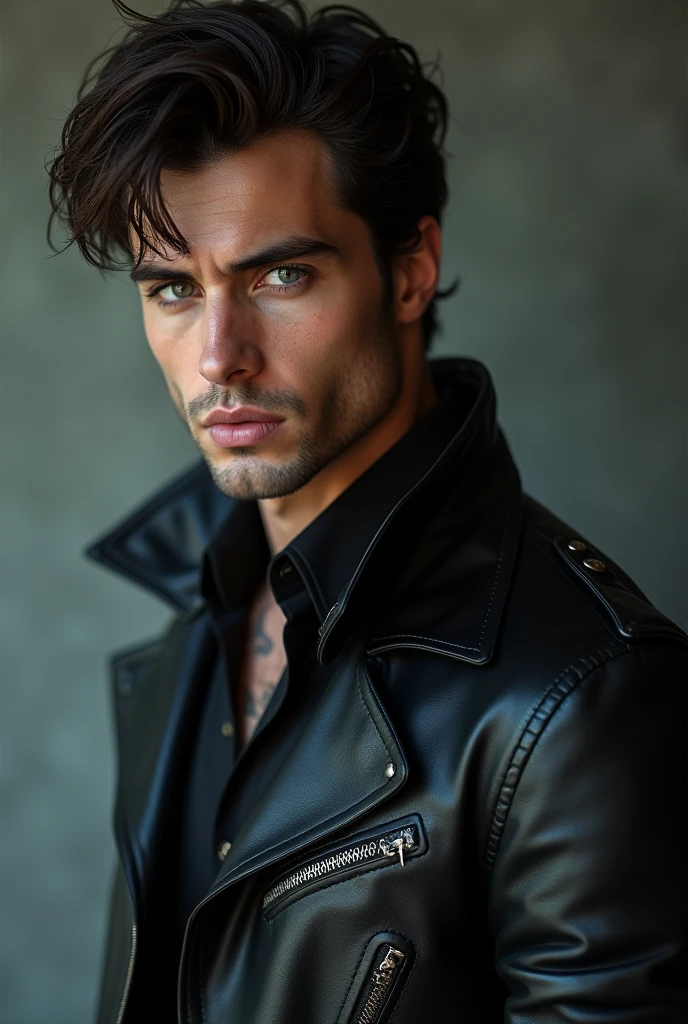 Create an intimidating young man, serious and attractive. He has dark brown hair and grey eyes.. He has a broad back as well as his shoulders.. He has a leather jacket and on his neck you can see small traces of tattoos that protrude from his neck.