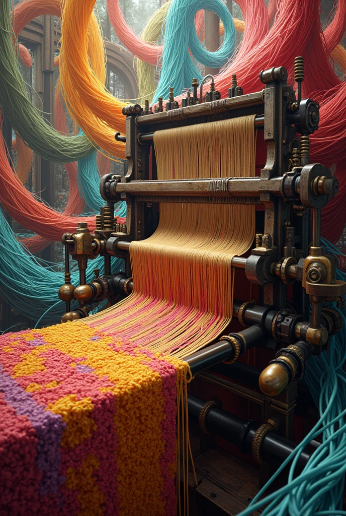 a loom weaving fabric with threads and around there are extremely many threads of different colors flying around. Please draw all these requirements completely, do not omit any