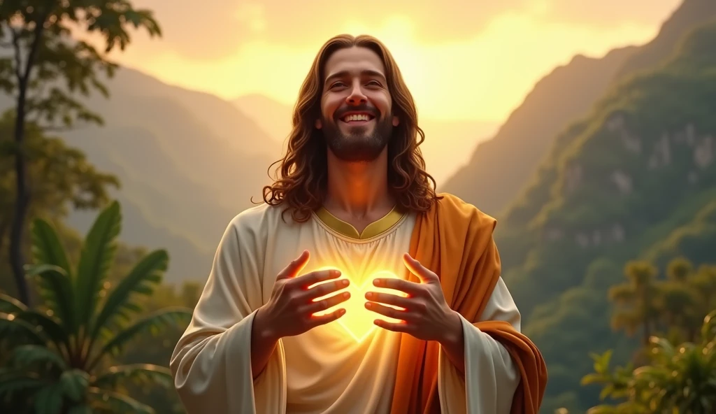 Ultra realistic Christ smiling with loving face with hands in blessing gesture to the viewer. his heart is ultra radiant with light, loving, shining eyes to the viewer, convey depth and tropical mountain background and afternoon solder