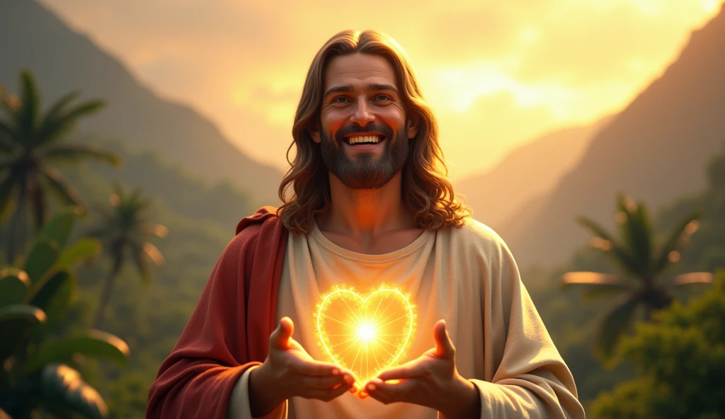 Ultra realistic Christ smiling with loving face with hands in blessing gesture to the viewer. his heart is ultra radiant with light, loving, shining eyes to the viewer, convey depth and tropical mountain background and afternoon solder