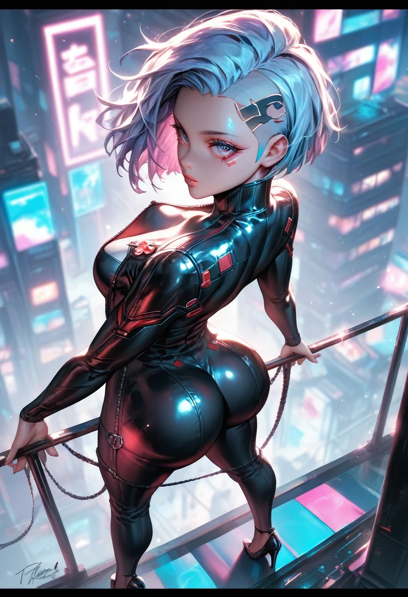 mythp0rt, Best quality, Depth of field, blue and white color theme, anime style, Beautiful face and skin, Single woman, Cyberpunk city, standing, From above, Short hair, Closed mouth, Glossy lips, Shiny eyes, Slanted eyes, leather suit, big butt, booty, bubble butt, provocative, ass view, bare ass, unzipped suit, pulled down pants, seductive, High heels, Model pose, Dynamic pose, Simple background, Neon lights, Backlit lens flare 