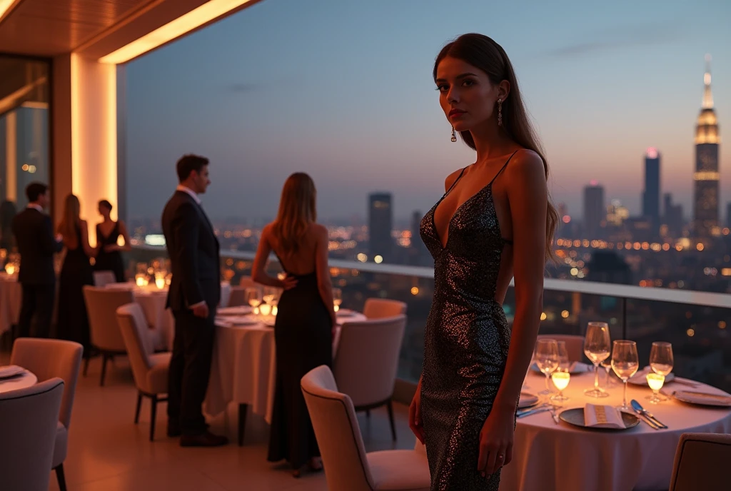 Woman on an exclusive rooftop: A glamorous woman is on an exclusive rooftop with a view of a city at dusk. She is at a private party, with other well-dressed guests in the background and a breathtaking view of the illuminated city.