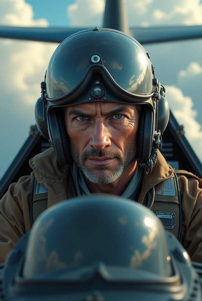 Airline Pilot on a Mission: A World War II airline pilot inside the cockpit of a P-51 Mustang, with a determined expression. He is surrounded by flight instruments, with the reflection of the sky and clouds on the cockpit glass.
"hyper realistic"